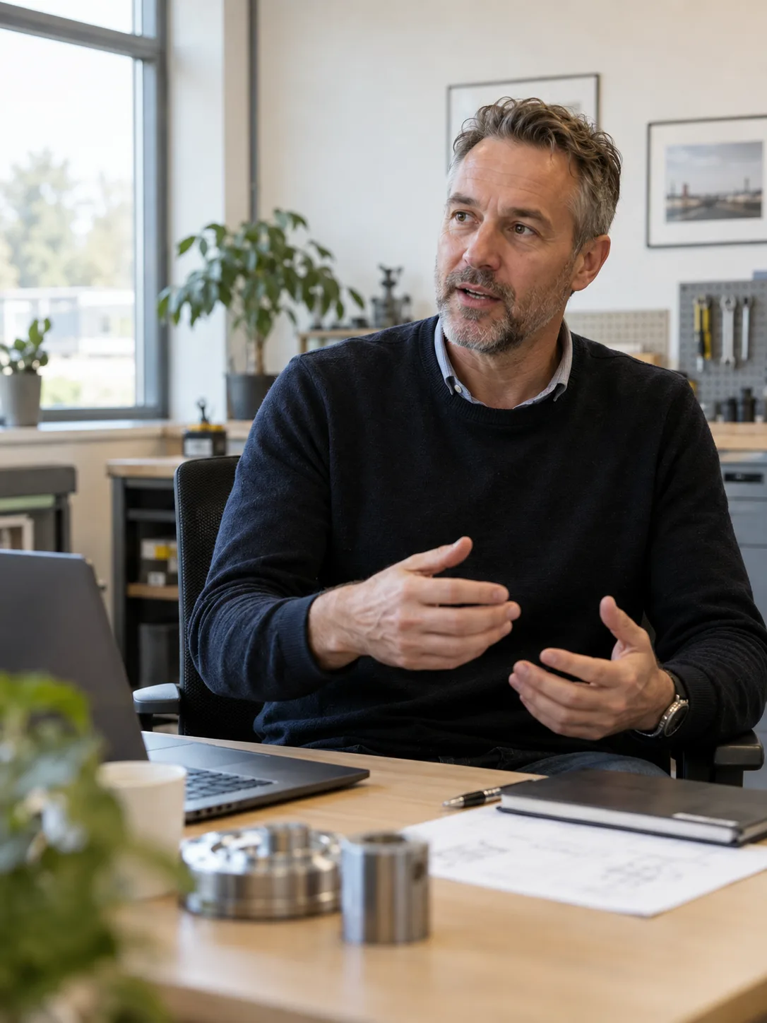 Un expert chevronné des opérations explique un processus de travail à son bureau.