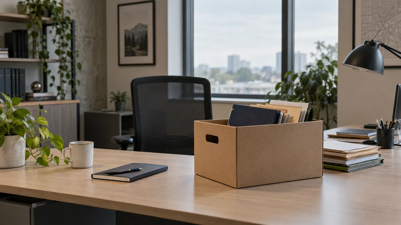 Un bureau vide avec une boîte de dossiers préparée pour un transfert de connaissances.