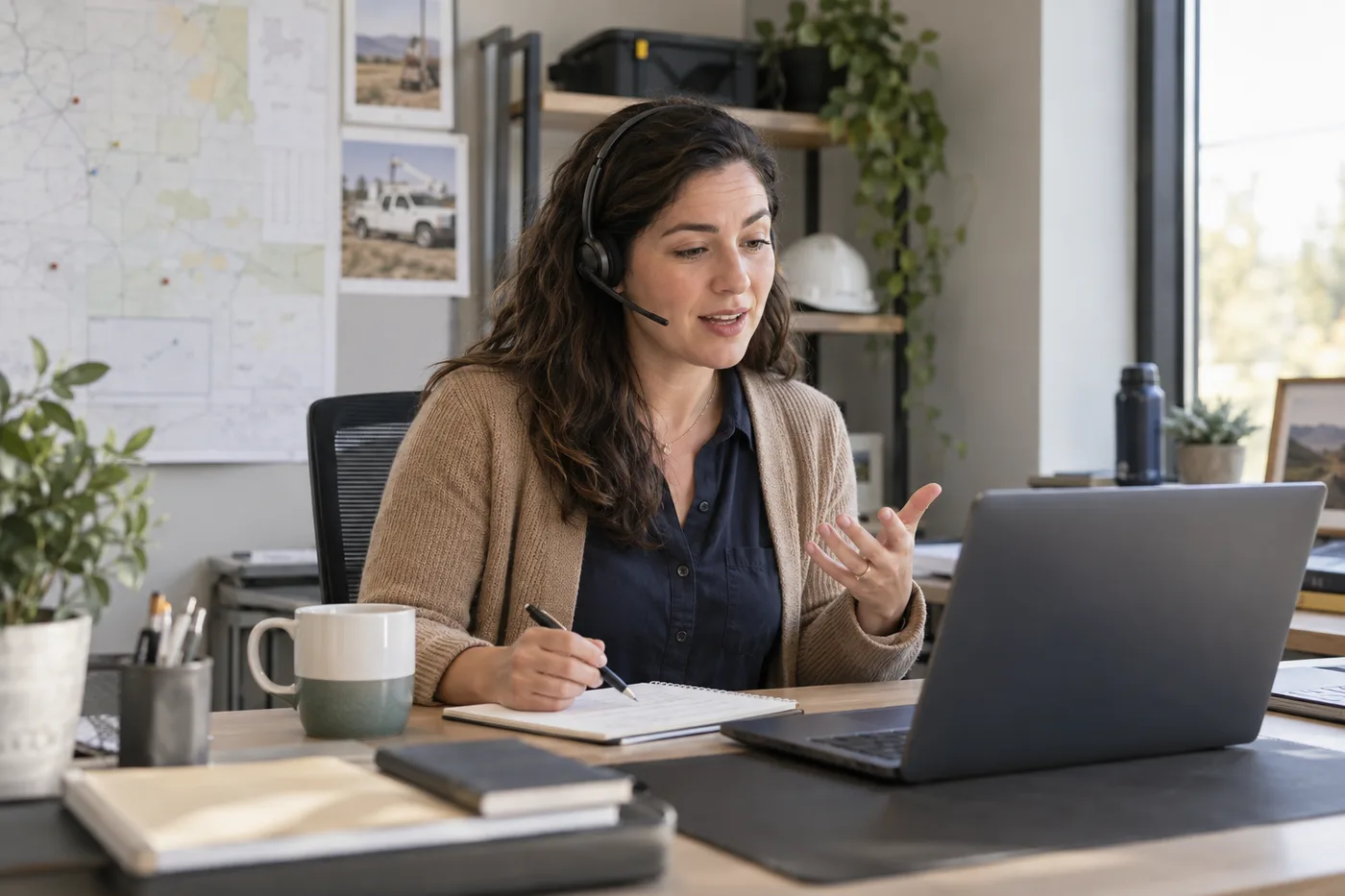 Une employée des opérations participe à un entretien vocal à son bureau.